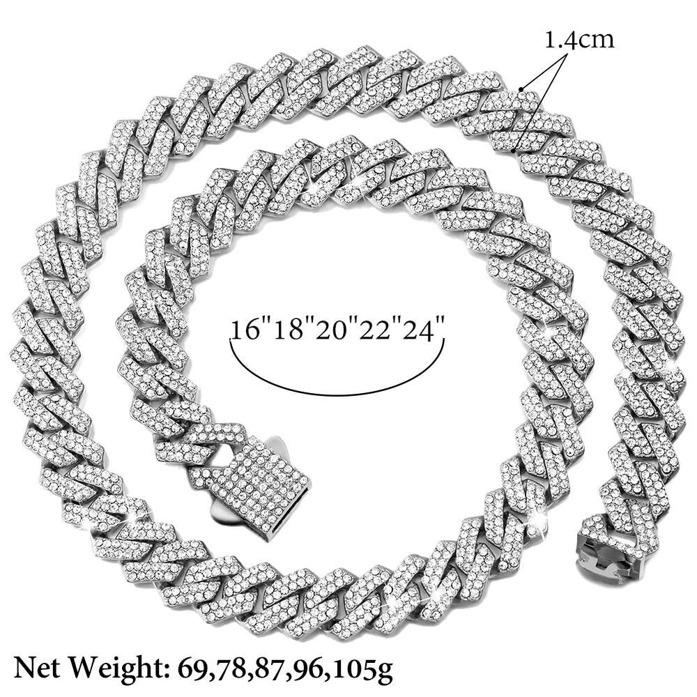 14mm Rhombus Prong Cuban Link Chain Necklace