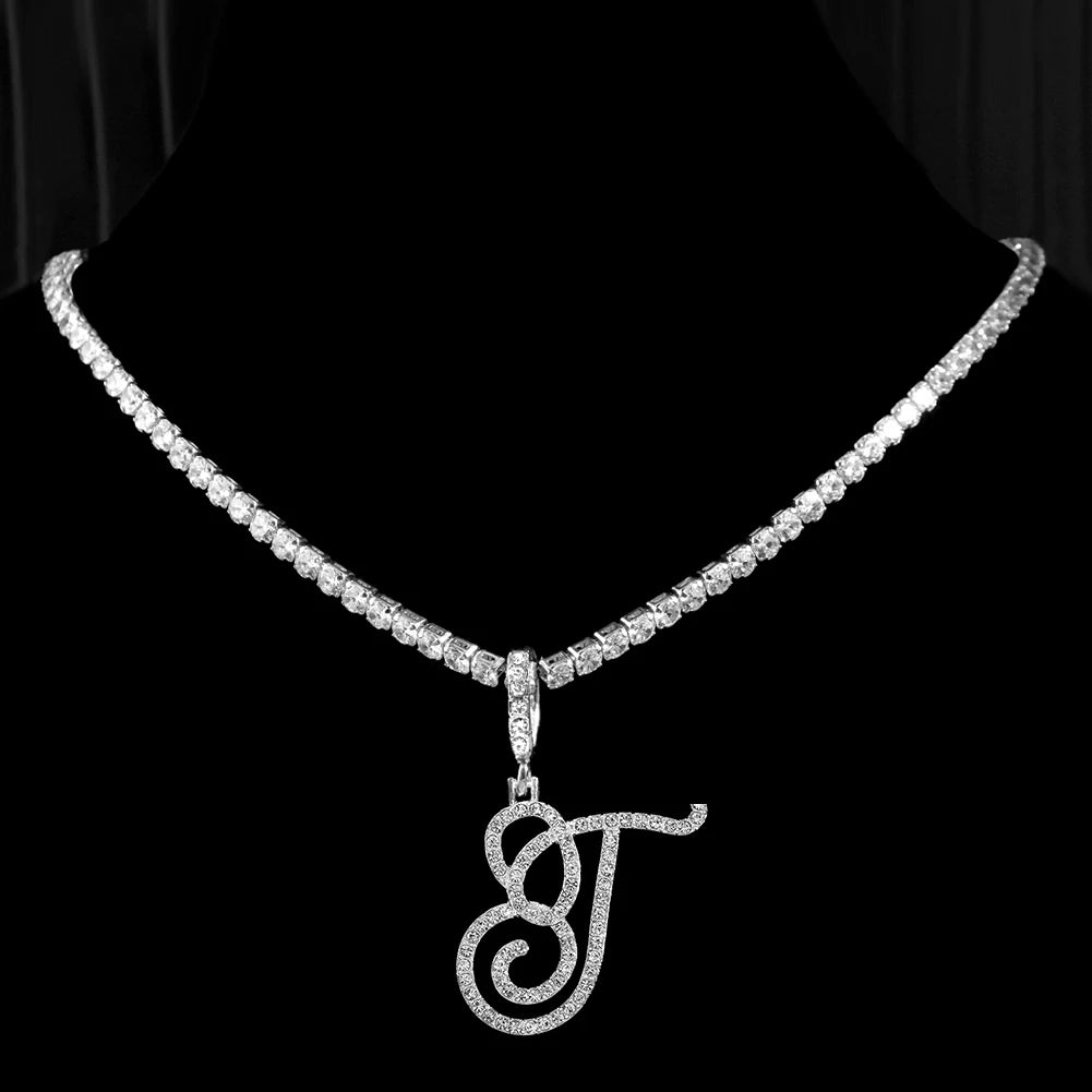 Cursive Initial Letter CZ Pendant Necklace