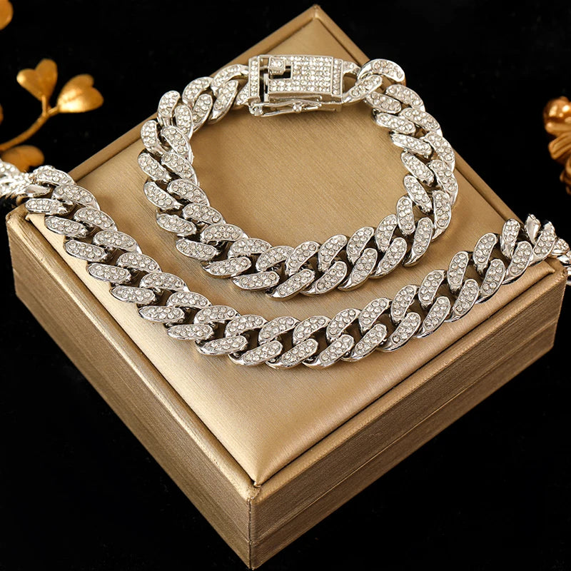 Zinc Alloy Cuban Necklace and Bracelet Set