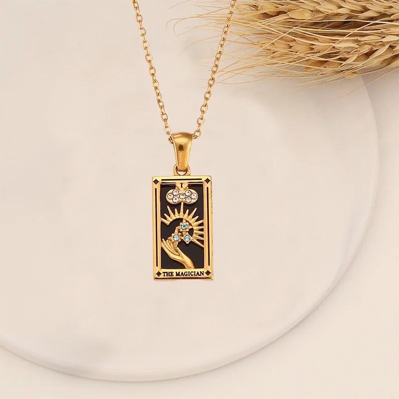 18k Gold-plated Stainless Steel Tarot Card CZ Pendant Necklace