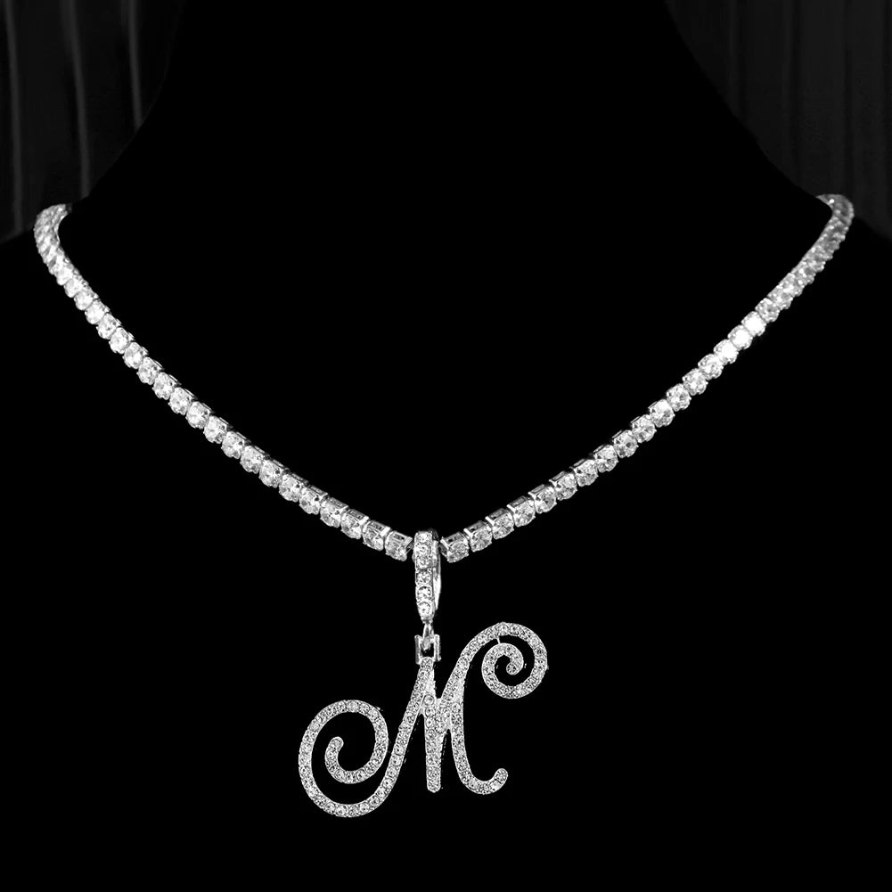 Cursive Initial Letter CZ Pendant Necklace