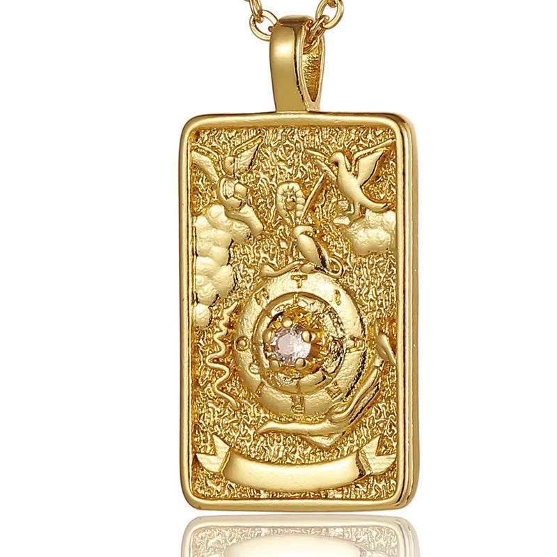18k Gold-plated Stainless Steel Tarot Card CZ Pendant Necklace