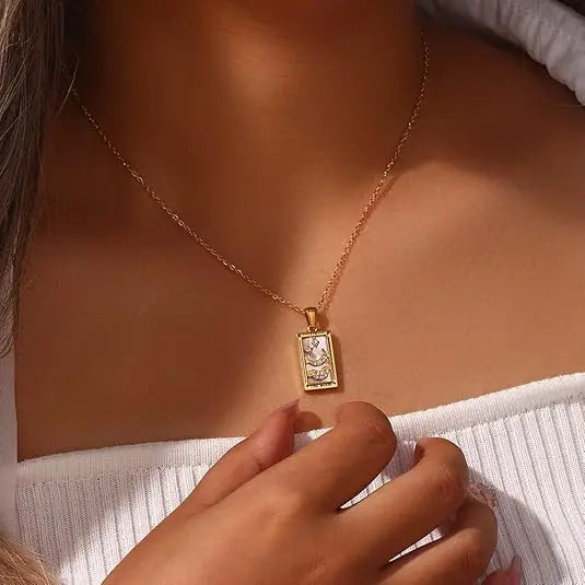 18k Gold-plated Stainless Steel Tarot Card CZ Pendant Necklace