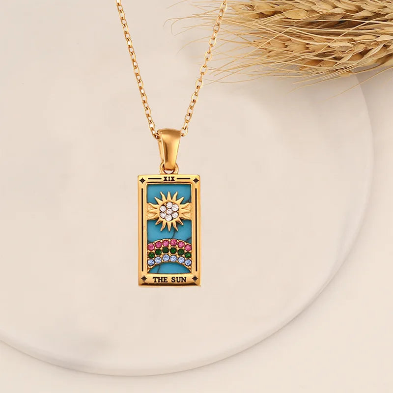 18k Gold-plated Stainless Steel Tarot Card CZ Pendant Necklace