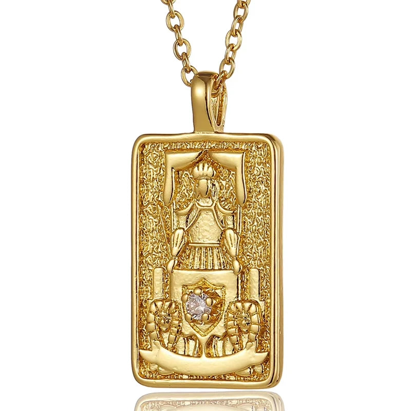 18k Gold-plated Stainless Steel Tarot Card CZ Pendant Necklace