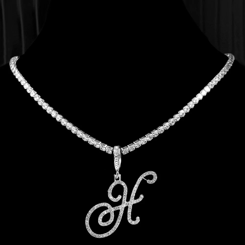 Cursive Initial Letter CZ Pendant Necklace