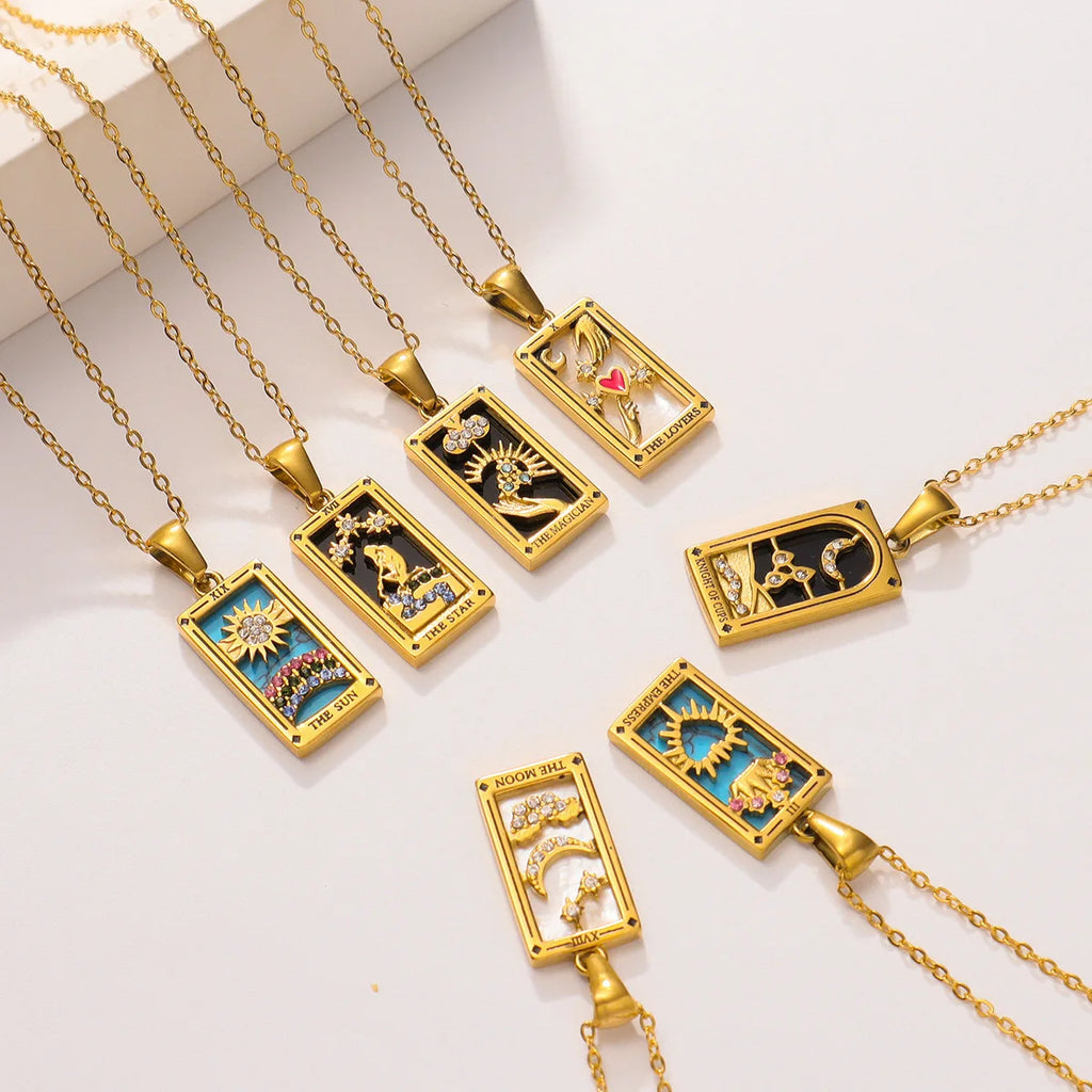 18k Gold-plated Stainless Steel Tarot Card CZ Pendant Necklace