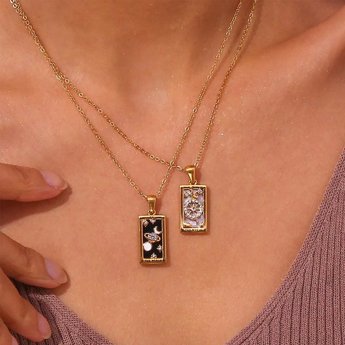 18k Gold-plated Stainless Steel Tarot Card CZ Pendant Necklace
