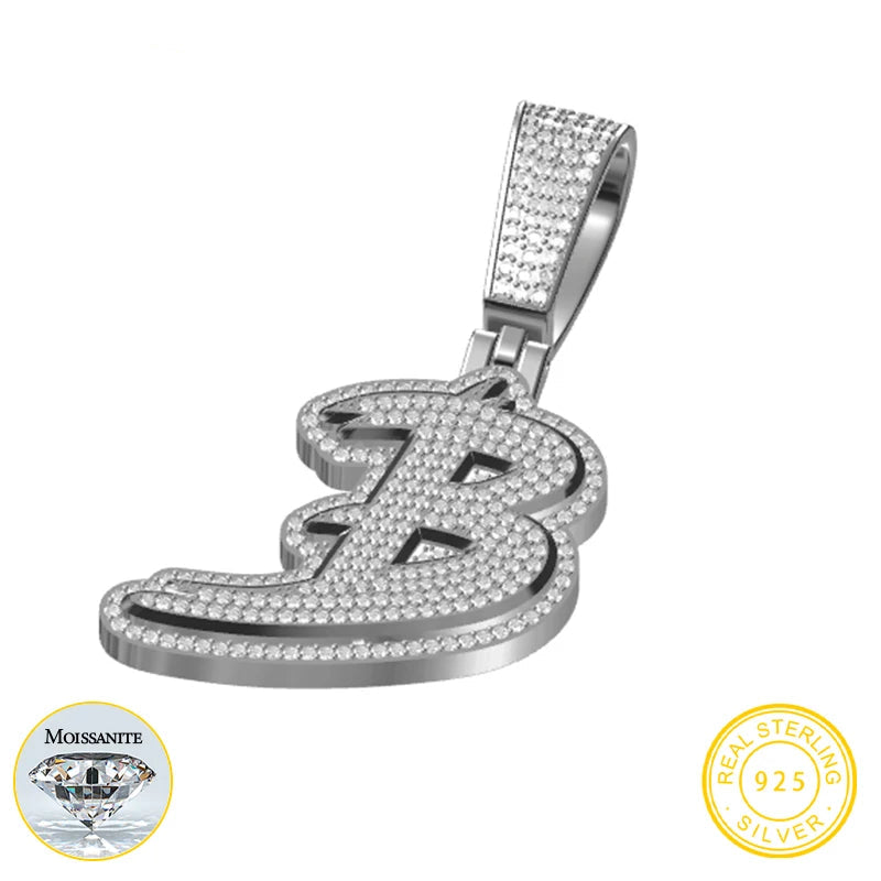 Silver Bitcoin pendant with gemstones on a white background,