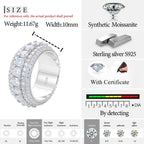 Silver ring with synthetic moissanite stones, weight, width, material details, and certification information.