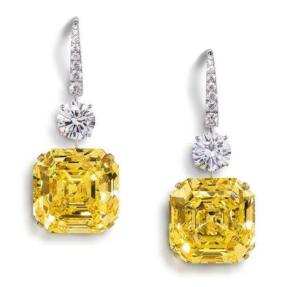 Asscher Cut 925 Sterling Silver Citrine High-Carbon Drop Dangle Earrings