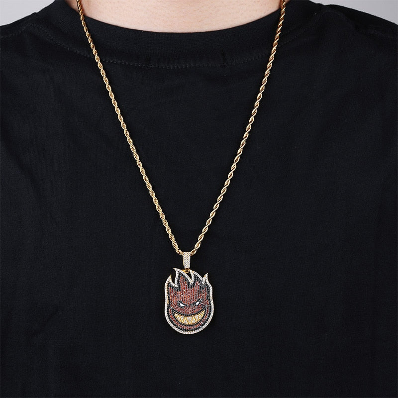 Iced Out 2 Sided Spitfire Pendant Necklace Chain
