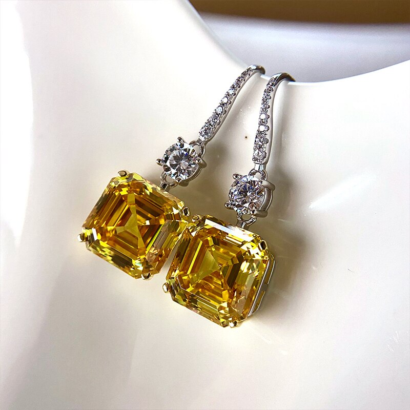 Asscher Cut 925 Sterling Silver Citrine High-Carbon Drop Dangle Earrings