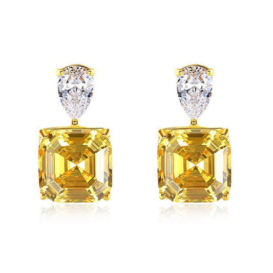 Yellow Square Zircon Crystal 925 Sterling Silver Earrings