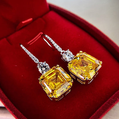 Asscher Cut 925 Sterling Silver Citrine High-Carbon Drop Dangle Earrings