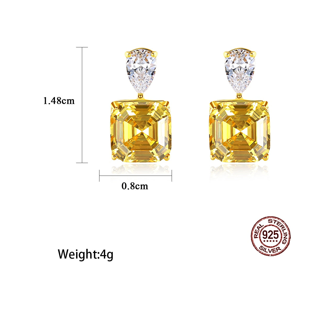 Yellow Square Zircon Crystal 925 Sterling Silver Earrings