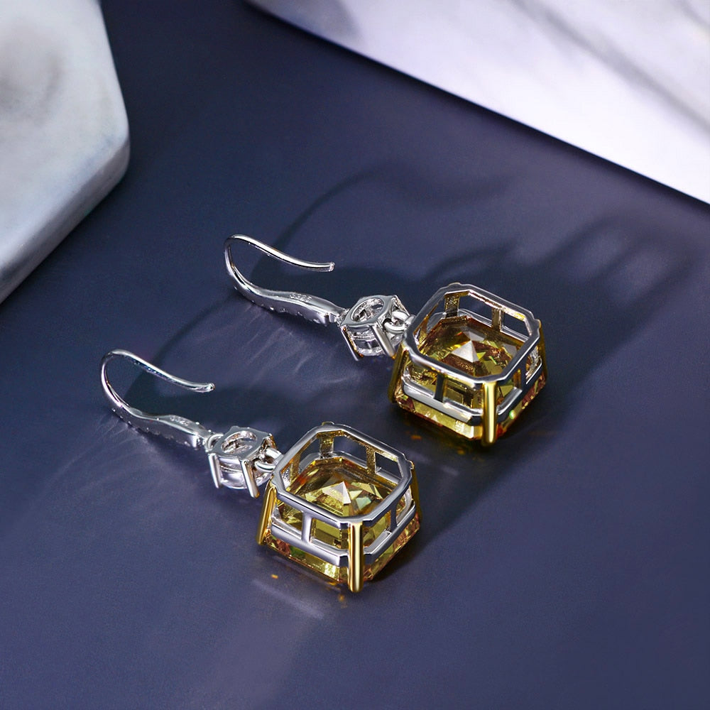 Asscher Cut 925 Sterling Silver Citrine High-Carbon Drop Dangle Earrings