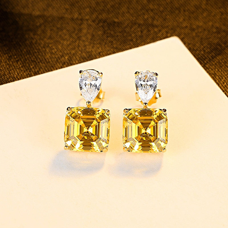 Yellow Square Zircon Crystal 925 Sterling Silver Earrings