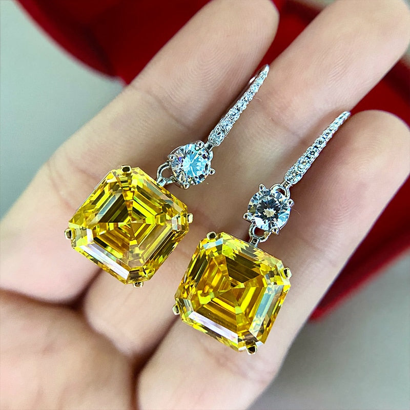 Asscher Cut 925 Sterling Silver Citrine High-Carbon Drop Dangle Earrings