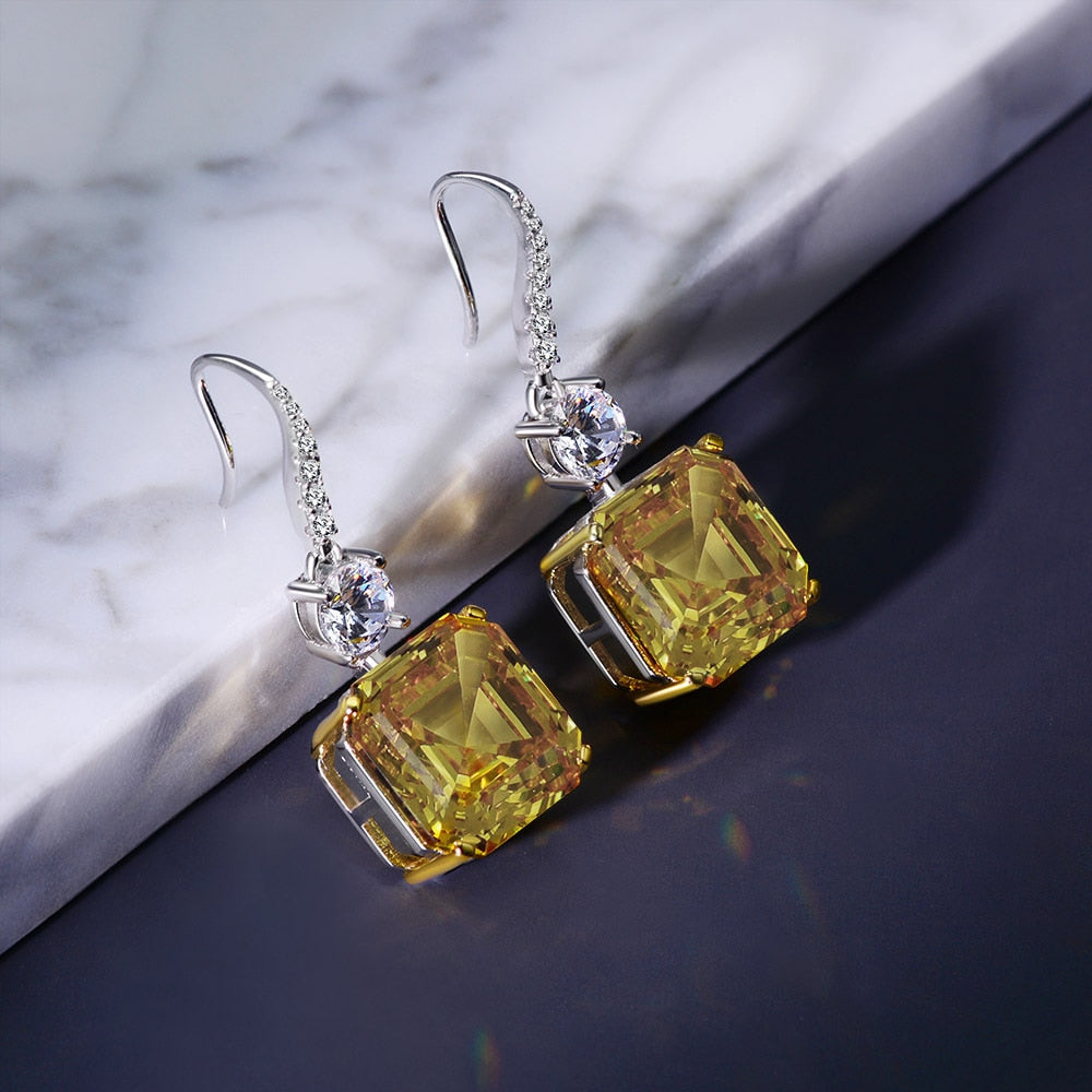 Asscher Cut 925 Sterling Silver Citrine High-Carbon Drop Dangle Earrings