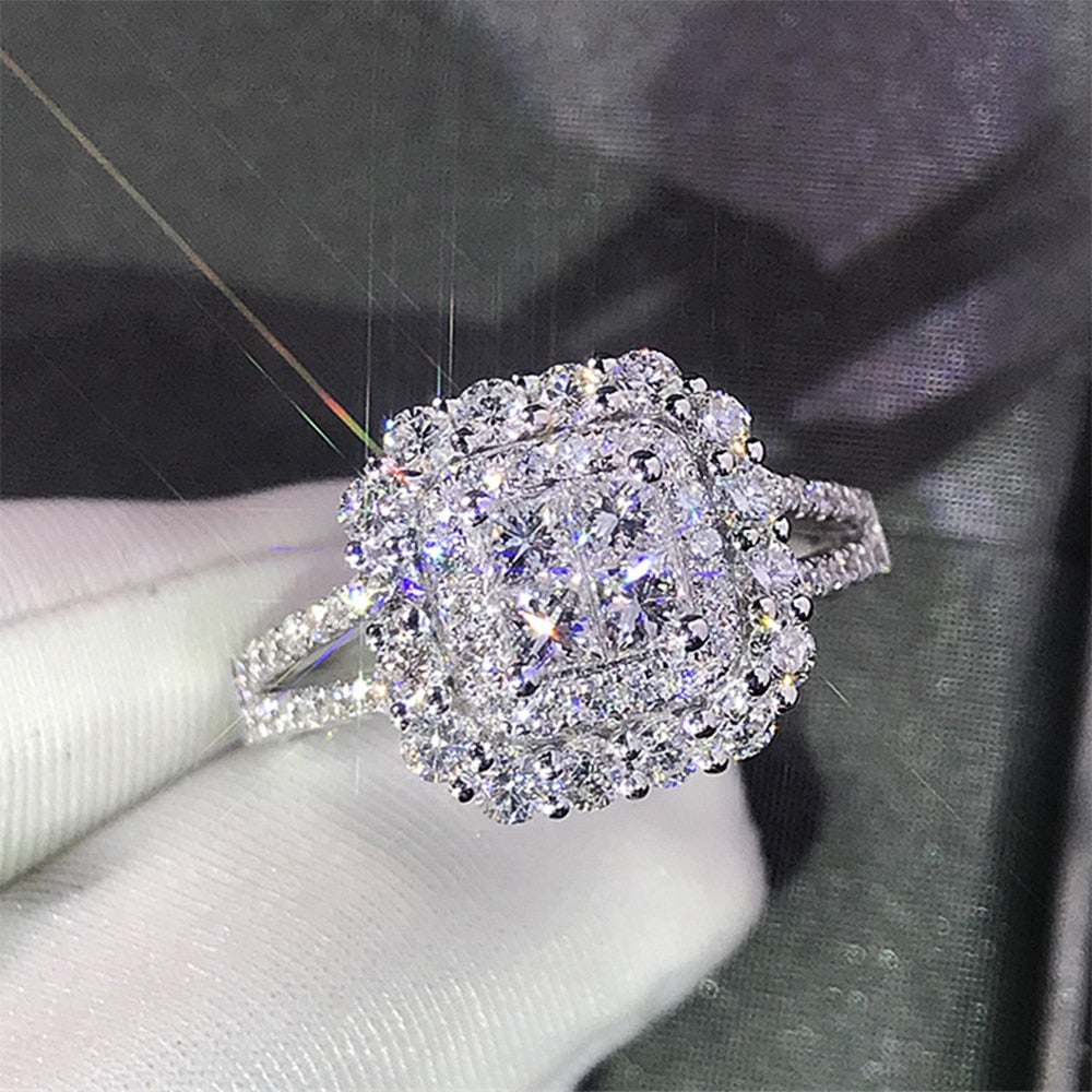 Princess Cut & Split Shank Silver Engagement Ring