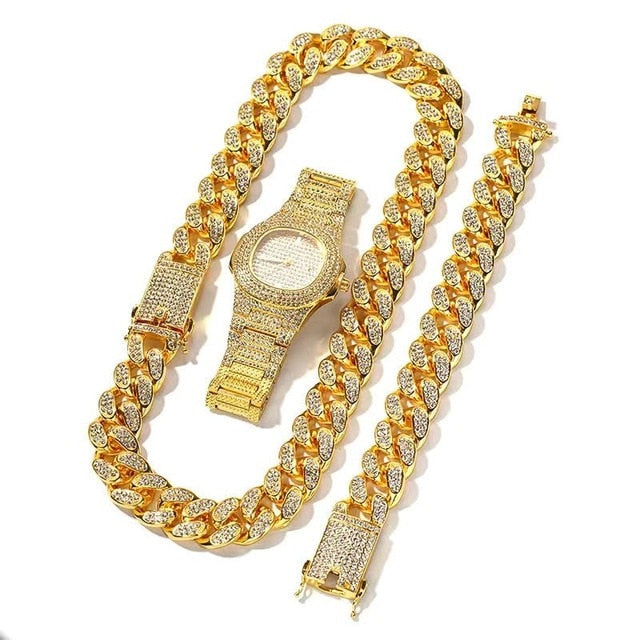 Iced Out Watch, Cuban Chain & Link Bracelet Set