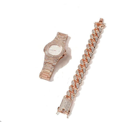 Iced Out Watch, Cuban Chain & Link Bracelet Set