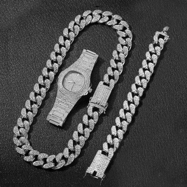 Iced Out Watch, Cuban Chain & Link Bracelet Set - Image 11