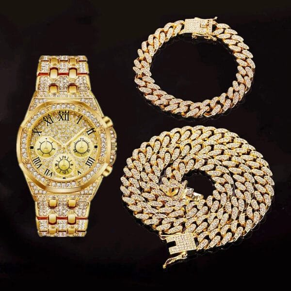 Iced Out Watch, Cuban Chain & Link Bracelet Set - Image 8