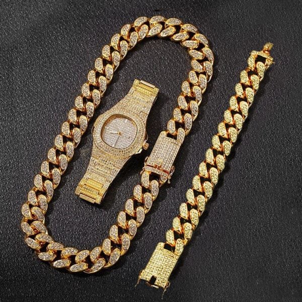 Iced Out Watch, Cuban Chain & Link Bracelet Set - Image 9