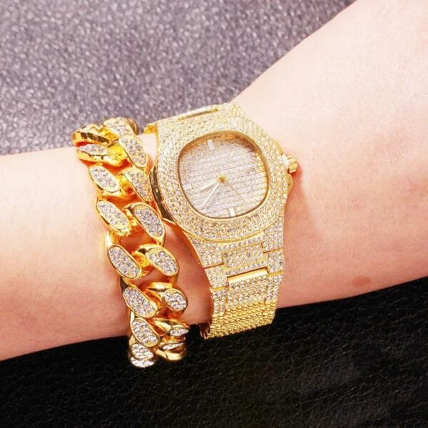 Iced Out Watch, Cuban Chain & Link Bracelet Set - Image 6