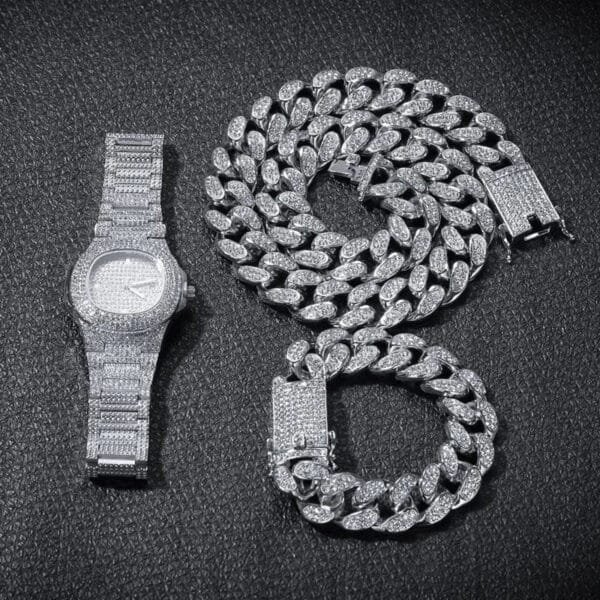 Iced Out Watch, Cuban Chain & Link Bracelet Set - Image 15