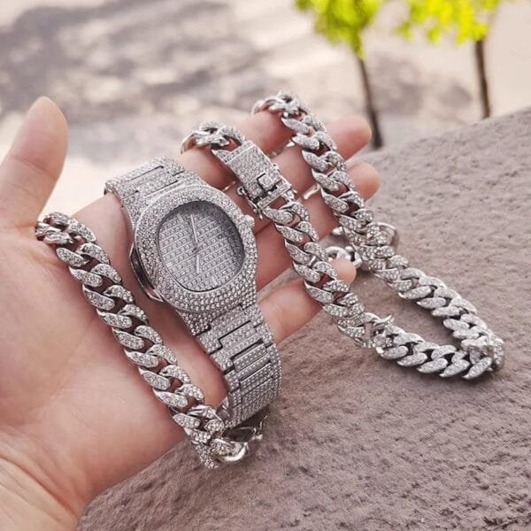 Iced Out Watch, Cuban Chain & Link Bracelet Set