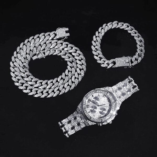 Iced Out Watch, Cuban Chain & Link Bracelet Set - Image 17