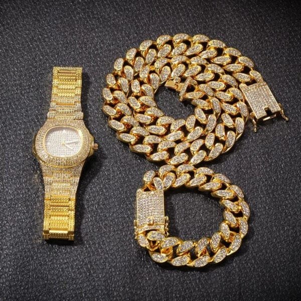 Iced Out Watch, Cuban Chain & Link Bracelet Set - Image 14