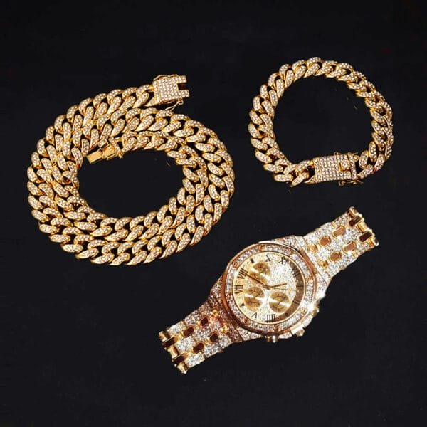 Iced Out Watch, Cuban Chain & Link Bracelet Set - Image 16