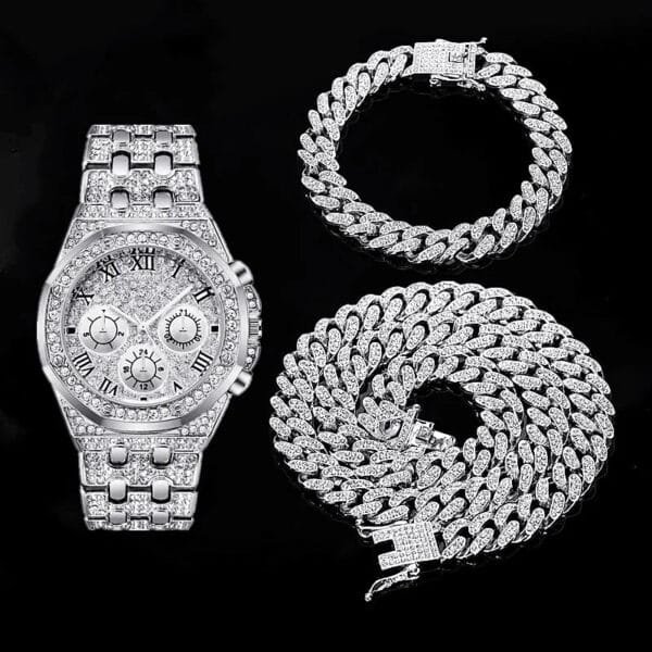 Iced Out Watch, Cuban Chain & Link Bracelet Set - Image 7