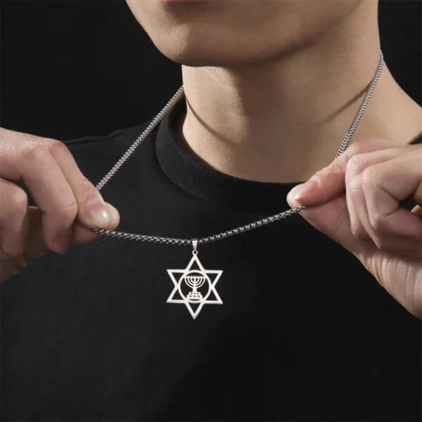 Jewish Menorah Star of David Necklace Stainless Steel - Image 2